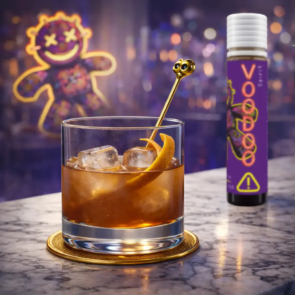 Voodoo shot gemixt met vodka in een cocktail glas met een gouden roerstaafje op een marmeren bartafel