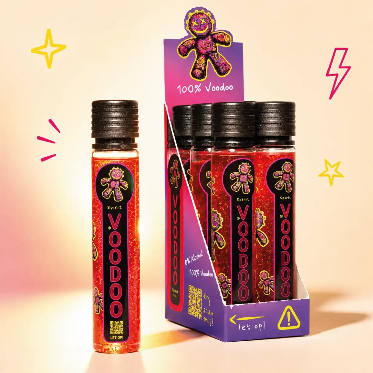 VOODOO Spirit GLOW 6-pack in open displayverpakking met zes flesjes alcoholvrij party shot