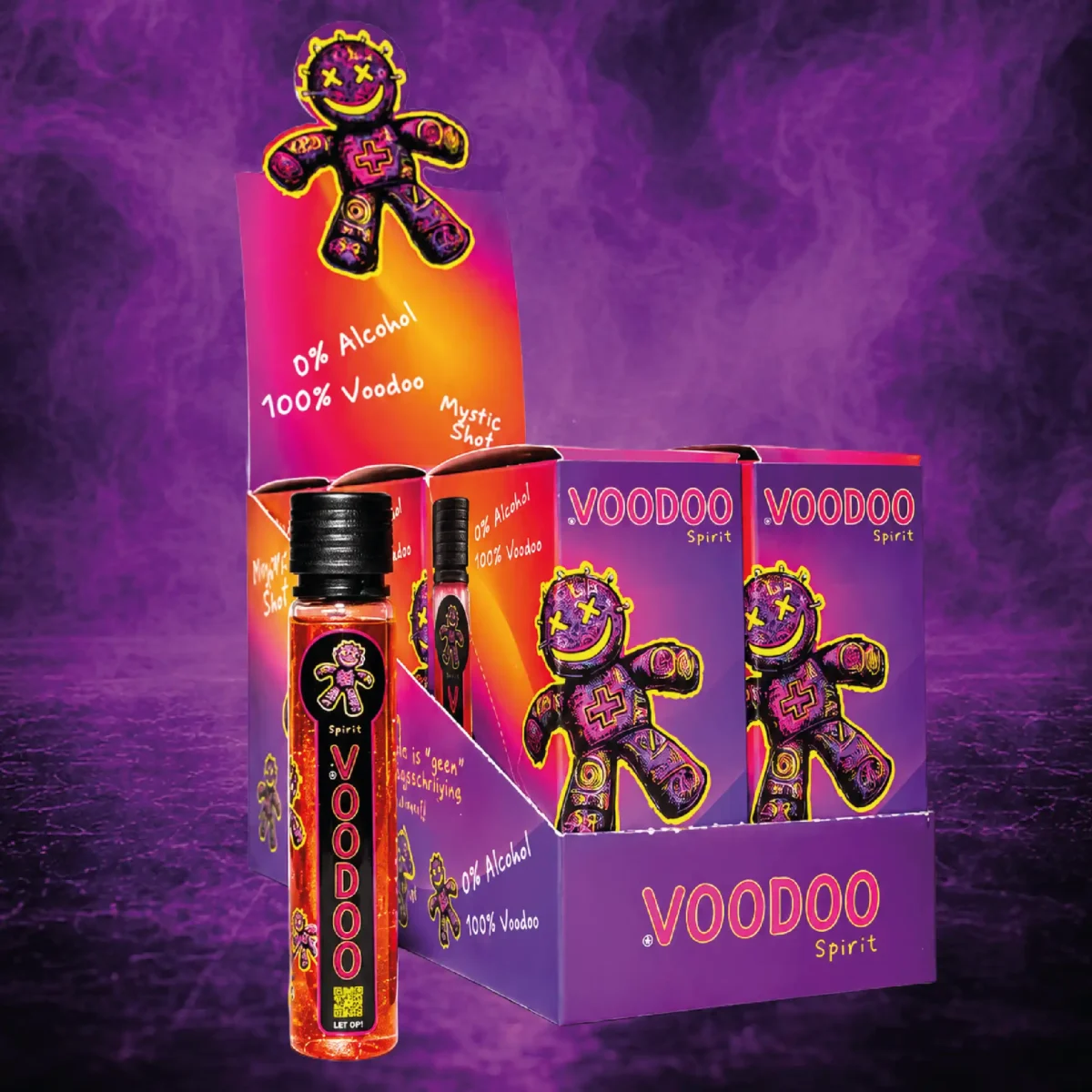 VOODOO Spirit masterbox display - 6 retail packs with 36 spirits - fold-out counter display packaging for retail and parties