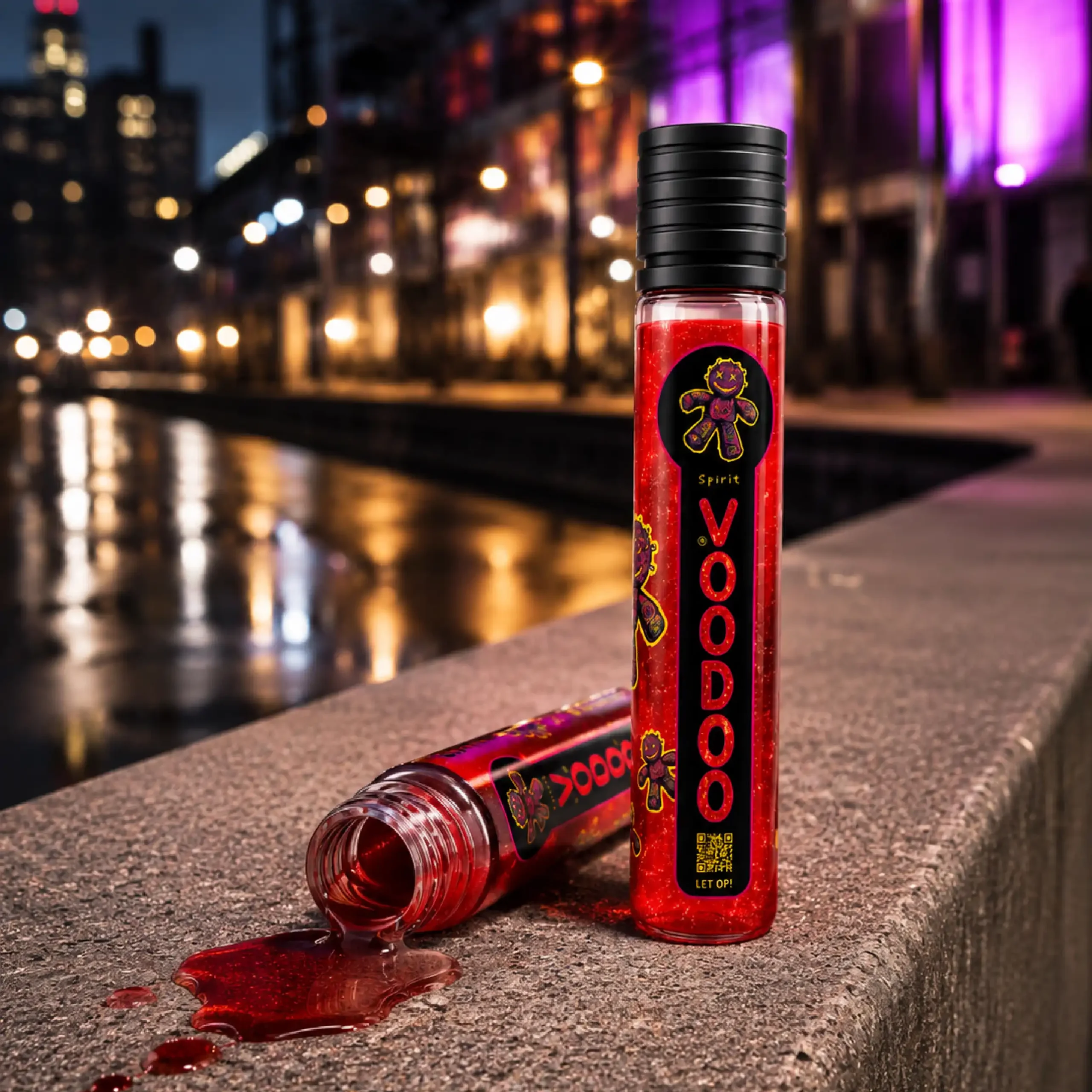 a voodoo shot vial in an urban setting. voodoo is a 0 alcohol shot made for responsible drinking. no compromise on the feeling. an uplifting shot with energy and relaxation. not a downer but an upper