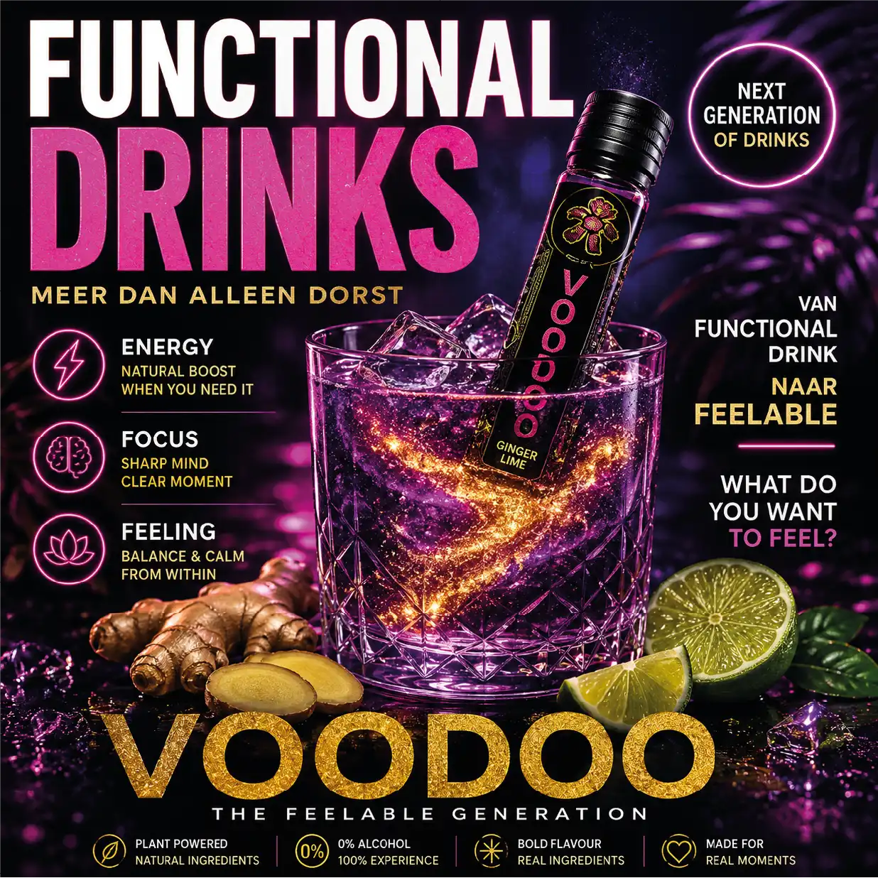 Functional drinks met VOODOO GLOW, gember en limoen – een alcoholvrije FEELABLE Spirit met gouden glitters.