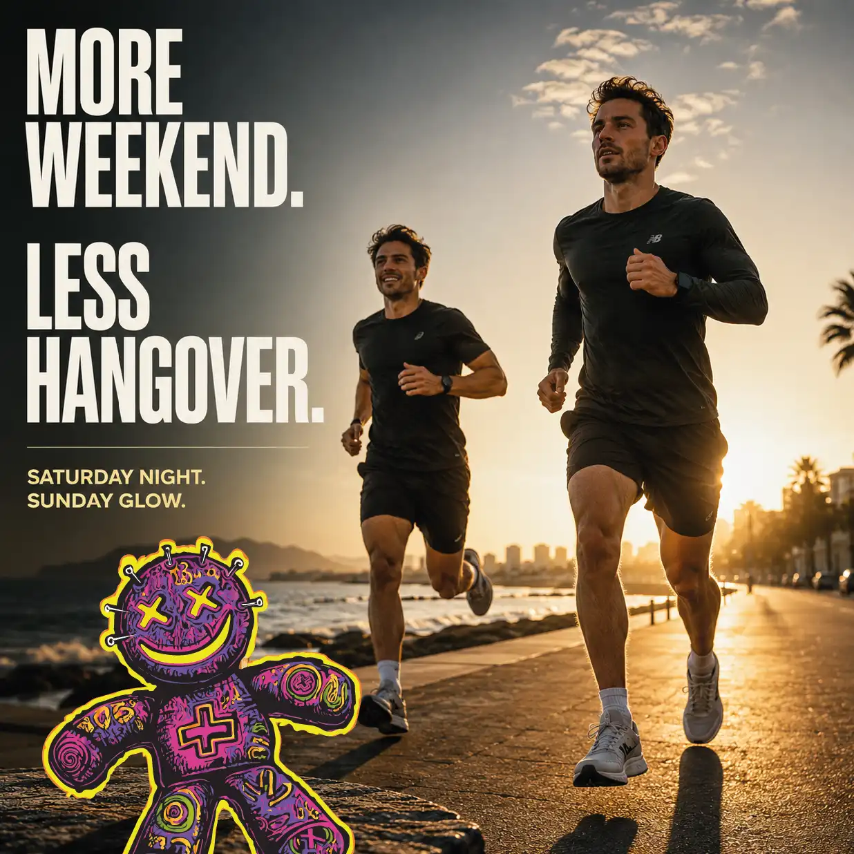 Twee mannen hardlopen in de ochtendzon na een avond uit, passend bij meer weekend en minder kater