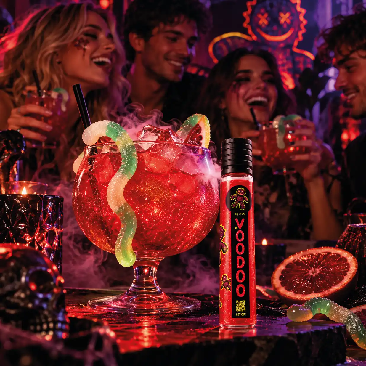 Halloween mocktail met VOODOO GLOW als alcoholvrij Halloween drankje met rode kleur en golden glitter